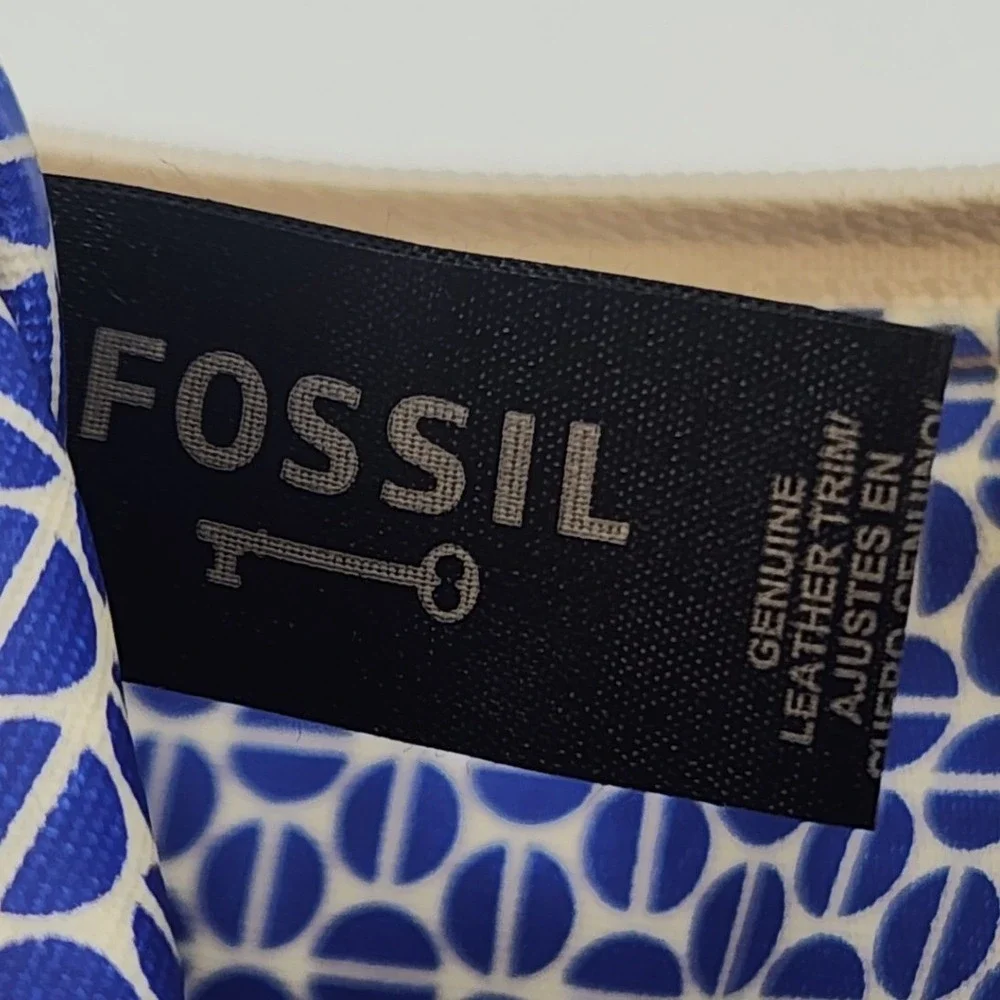 Fossil Key-Per Canvas Cosmetic Bag Zip Pouch‎ Cream Blue Graphic Print
